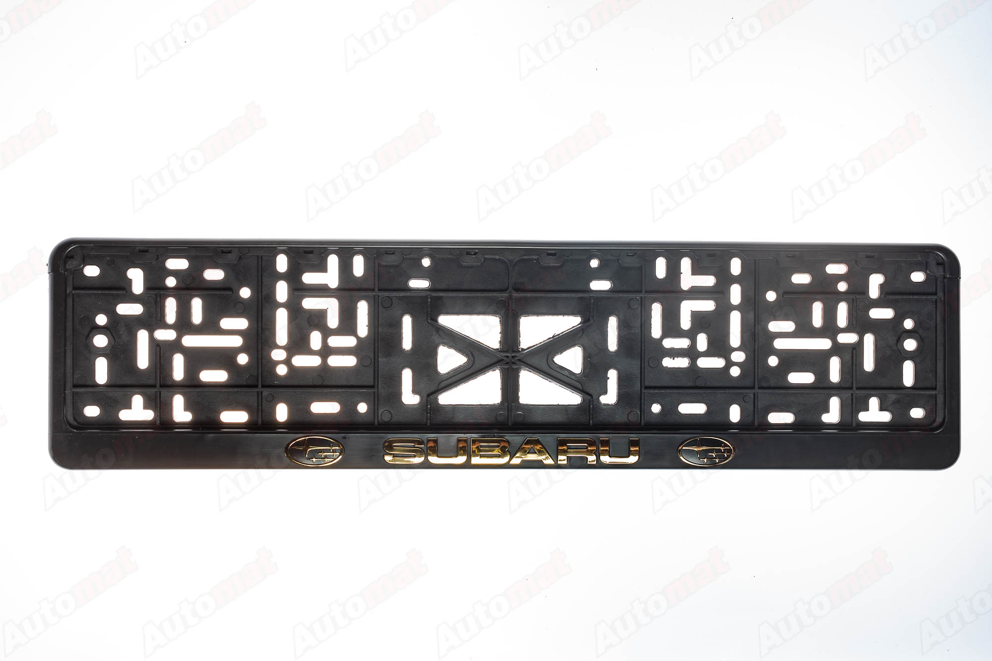 Рамка номера пластмасовая, с защелкой, тиснение Золотом SUBARU (черная)