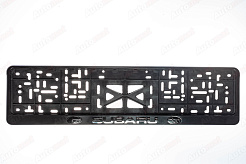 Рамка номера пластмасовая, с защелкой, тиснение Серебром SUBARU (черная)